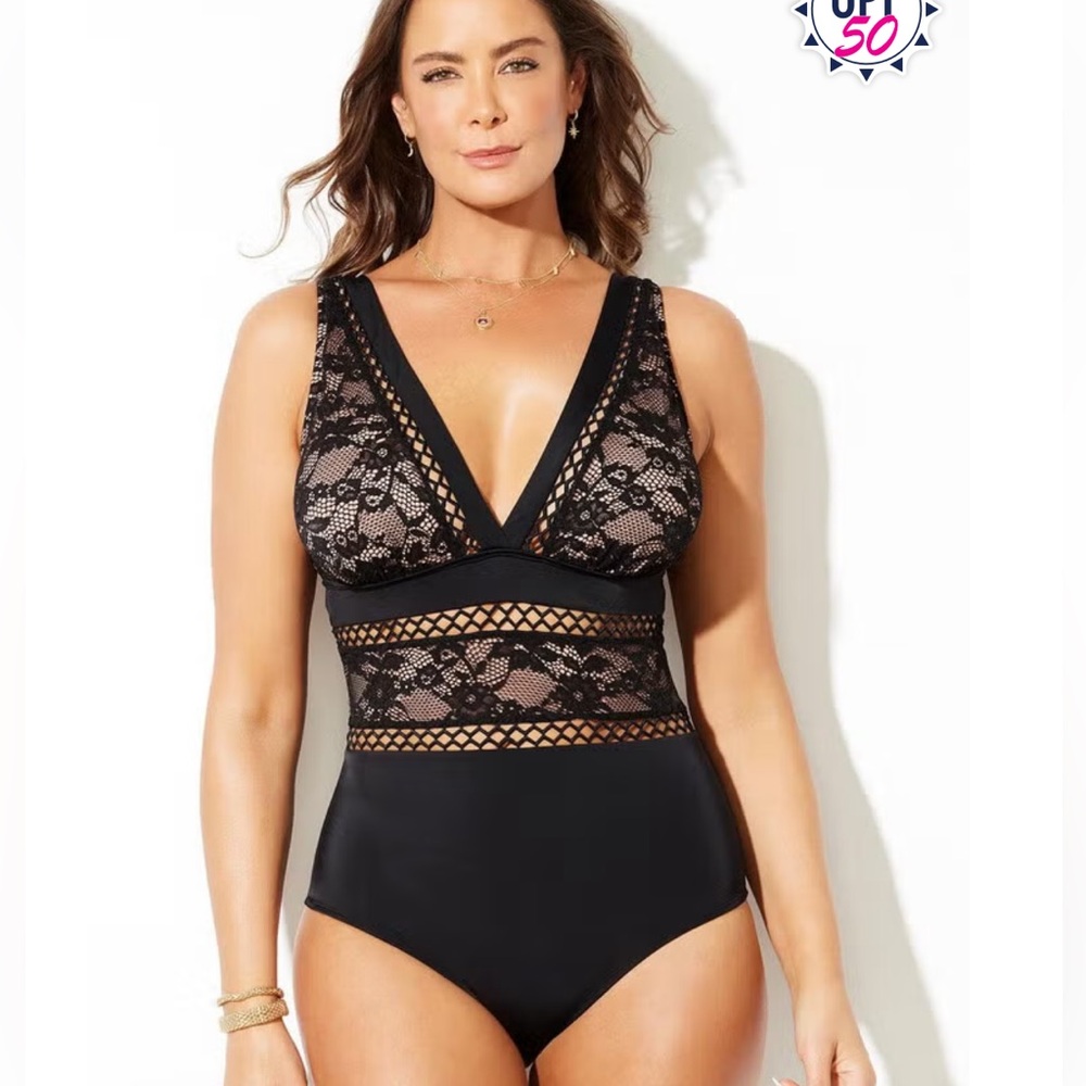 Swimsuits For All Black Lace Lattice One Piece Plunge Neckline Size 20